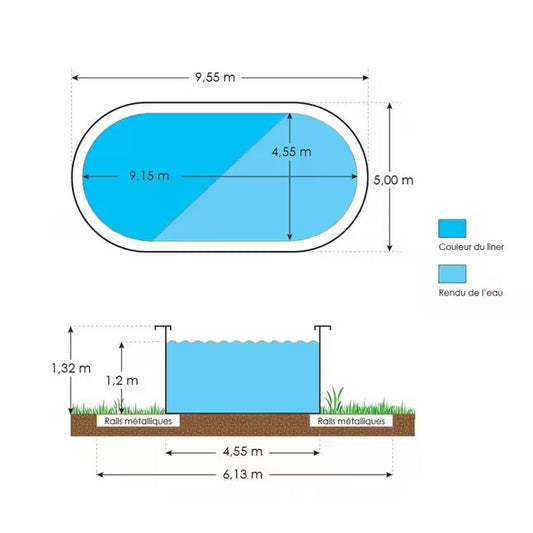 Piscina acima do solo em aço e resina oval 9,15 x 4,55 x 1,32 m, graduada cinza LIBERTY