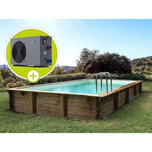 Kit de piscina retangular em madeira Tampa - 7,20 x 4,20 x 1,44 + Bomba de calor